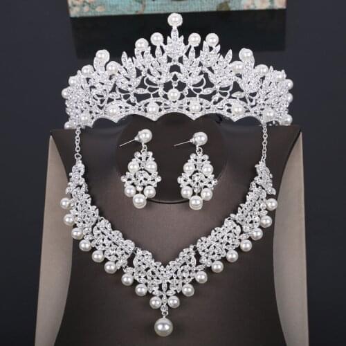 Crystal Pearl Jewelry Sets Rhinestone Costume Statement Necklace Fashion Earrings Crown Tiaras Set Women Wedding Jewelry Sets
