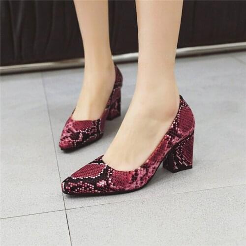 YQBTDL Spring Summer 2020 Concise Daily Vintage Ladies Heels Snake Print Red Blue Women Block High Heel Shoes Womens Pumps 34-45