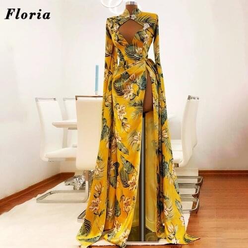 Vintage Yellow Flower Mermaid Evening Dresses Robes De Soiree Dubai 2021 Customized Women Beaded Prom Dress Celebrity Party Gown