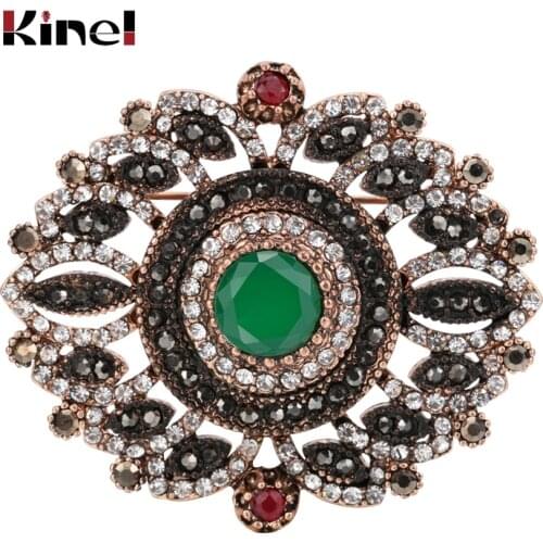 Kinel New Vintage Turkish Women Flower Brooches Pins Antique Gold Color Resin Brooch Pendant Dual-Purpose Ladies Ethnic Jewelry