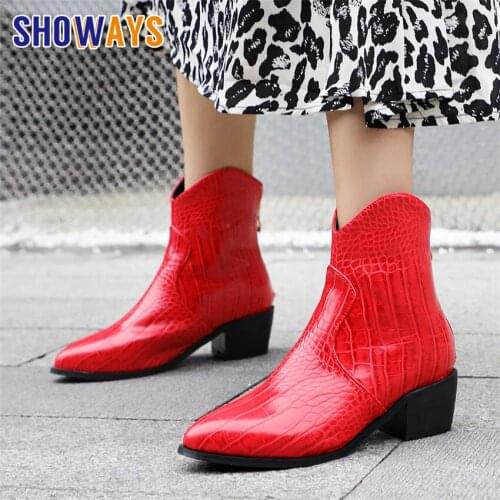 Winter Women Western Ankle Boots Black Red Crocodile Print Medium Heels Party Office Lady Plush Pointed Toe Zipper Cowgirl Boots