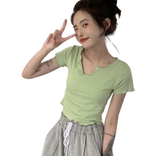 Women Korean Solid Color V Neck Tops Female Slim Exposed Navel Short-Sleeved Tee Shirt
