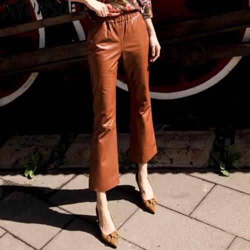AYUNSUE Woman Pants Fashion Genuine Leather Pants for Women fall Sheepskin Flare Trousers Korean Style Plus Size 4xl Ropa Mujer
