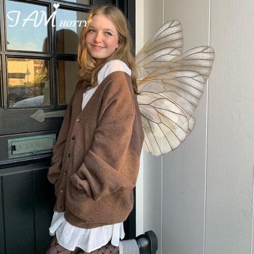 Solid Breasted Oversized Sweater Cardigan Women Elegant V-neck Korean Outerwear Autumn Loose Knitwear Brown Knit Coat Iamhotty