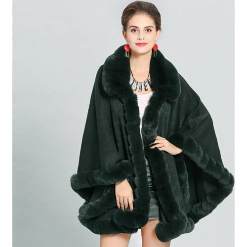 2019 Fashion Elegant Big Faux Fox Fur Collar Poncho Cape Coat Women Winter Knitted Fake Cashmere Cloak Shawl Sexy Pashmina Cloak