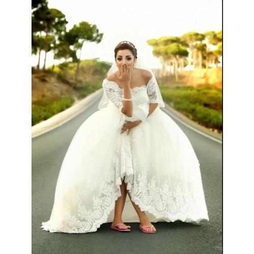 2021 white lace Ball Gown Wedding Dresses Half Sleeve sexy off shoulder Appliques Bride Gown wedding gown Vestido De Noiva