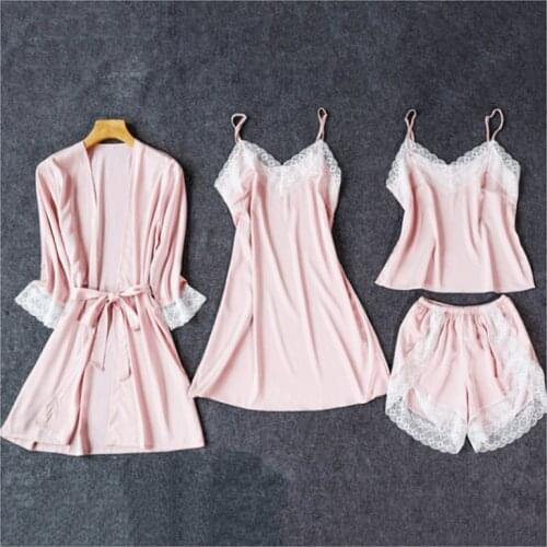 4PCS Women Lace Trim Pajamas Sets Sexy Kimono V-Neck Nightgown&Shorts Pyjamas Home Sleepwear S-3XL Bride Dressing Gown Nightwear