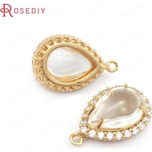 40209)6PCS 14x20MM 24K Champagne Gold Color Brass and Zircon and Glass Drop Shape Charms Pendants Diy Jewelry Making Supplies