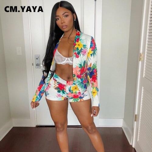 Active Floral Print Women Two 2 Piece Set Outfits Streetwear Office Lady Blazer and Shorts Matching Set Tracksuit CM.YAYA