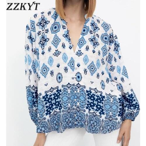 ZZKYT 2021 Women Spring Fashion Print Blouses Vintage V-Neck Long Sleeve Single Breasted Office Lady Female Shirt Chic Top Mujer