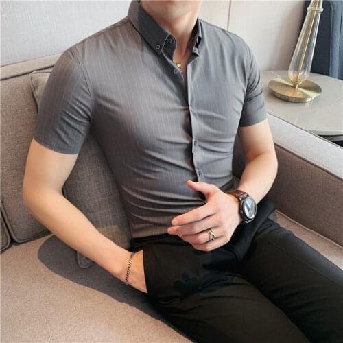 Camisa Masculina Stripe Fashion Summer Short Sleeve Shirt Light Business 2021 Slim Grey Formal Occasions Package Mail Trend