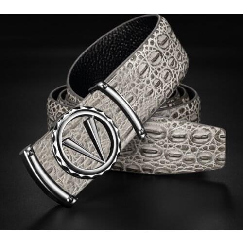 Good Quality V letter Grey genuine leather designer belts men Fashion Cowskin Waist Strap Casual smooth button ceinture homme