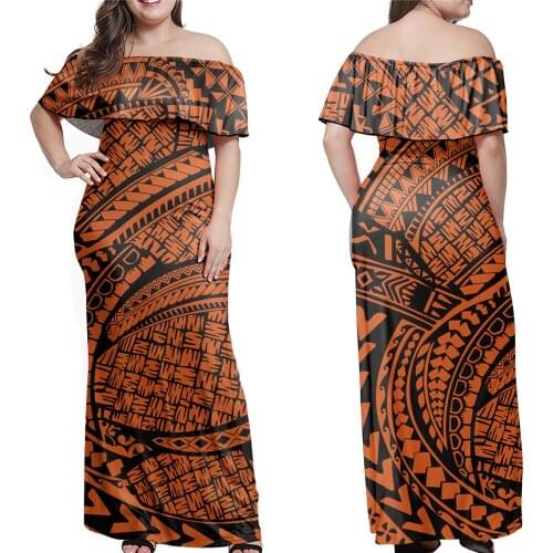 Jackherelook Vintage Samoa Polynesain Tattoo Pattern Off Shoulder Layered Ruffle Dresses Summer Beach Bodycon Maxi Long Dress