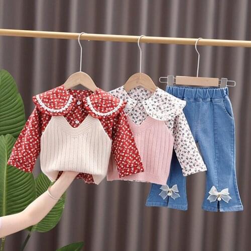 LZH 2021 Fashion Long-Sleeved Tops+Vest+Jeans 3Pcs Outfit For baby Autumn Childrens Clothes For Girls 0-1-2-4 Years Kids Sets