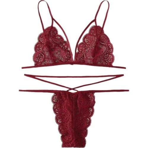 Solid Color Women Three-point Hollow Split Underwear Set Pajamas Lace Bra + Tongs Set эротическое белье lingirie