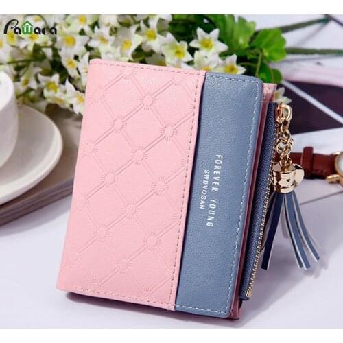 New Tassel Zipper Purse Pink Womans Wallet Double Color Leather s for Euro Card Holder Money Bag Girls Women