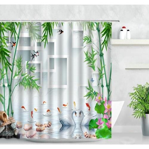Chinese Style Landscape Shower Curtain Set 3D Green Bamboo Fish Swan Lotus Zen Garden Scenery Waterproof Bathroom Decor Curtains