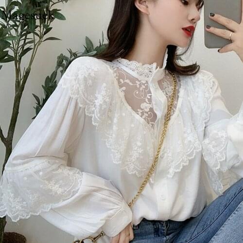 Fashion Ruffle Lace Stitching Blouses Women Korean Stand Collar Ladies Tops Vintage Lace Shirts Sweet Loose Clothes Blusas 11335