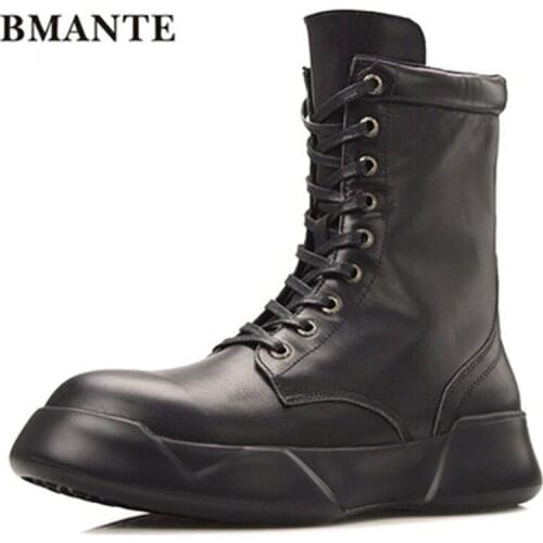 Men Shoes Casual Genuine Leather Male High Top Ankle Boots Solid Flats Spring Black Shoes Trainers Lace-Up Zip Sneaker