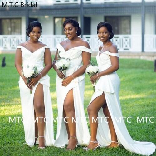 Wholesale White Bridesmaid Dresses For Black Women High Slit Off The Shoulder Sexy Maid Of Honor Wedding Party Gowns Plus Size