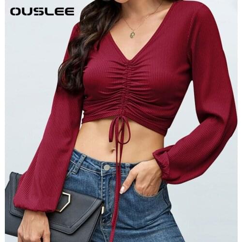 OUSLEE 2021 Sexy Knitted Crop Top Women V Neck Lantern Sleeves Y2K T-shirts Female Fashion Solid Mini Skinny Tees Tops Plus Size