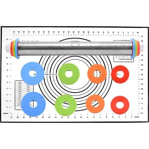 Adjustable Rolling Pin Dough Mat Stainless Steel Scale Rolling Pin With 4 Thickness Rings For Baking Cookie Pastry Pizza Mat Set