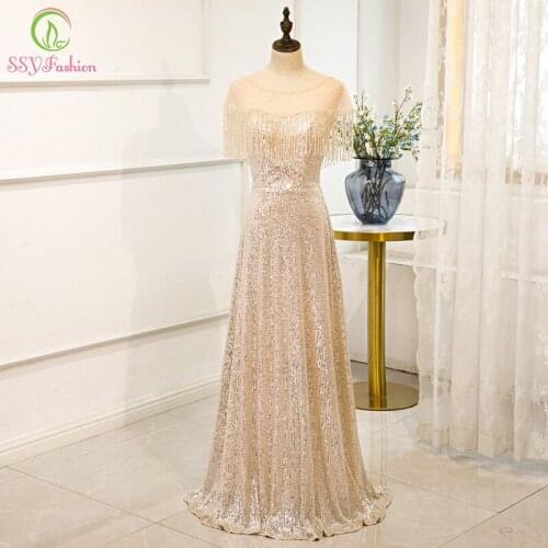 SSYFashion Champagne Evening Dress Banquet Luxury Crystal Beading Tassel Sequins Long Formal Gowns for Women Vestidos De Noche