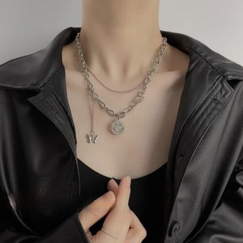 U-Magical Minimalist Double Layer Smile Face Pendant Necklace for Women Fashion Stainless Steel Butterfly Chain Necklace Jewelry