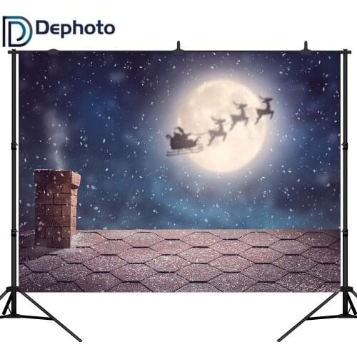 Dephoto Merry Christmas Santa Claus Flies Sleigh Full Moon Night Sky Winter Snow Photo Background Computer Print Party Backdrop