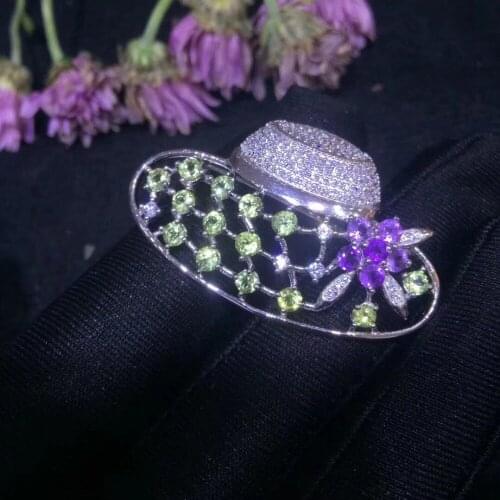 Lady Hat Style Natural And Real Peridot brooch Free shipping Natural real Peridot 925 sterling silver brooch