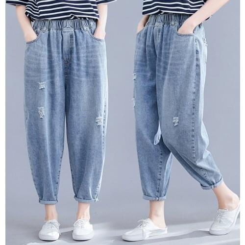 Women Jeans Autumn Harem Pants Elastic Waist Oversize Vintage Casual Loose Trousers New Ripped Jeans 2XL