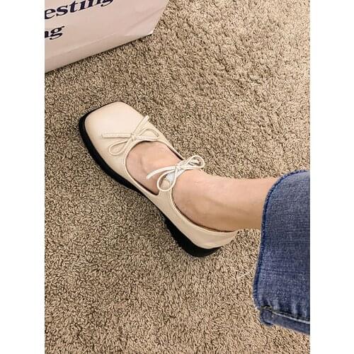 Womens Shoes Mary Jane Shoes Autumn 2021 New Bow Square Head Shallow Mouth Thick Heel Non-slip Fashion Retro Leather Shoes