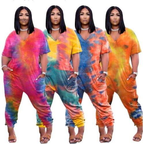 Womens Tie-Dye Fashion Street Wear Short Sleeve Large Size Loose Jumpsuit New