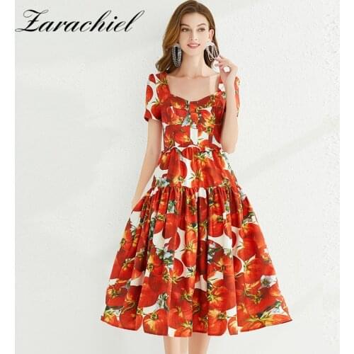 Runway Bohemian Tomato Flower Red Beach Dress 2021 Womens Square Collar Short Sleeve Floral Print Backless Lace Up Bow Vestidos