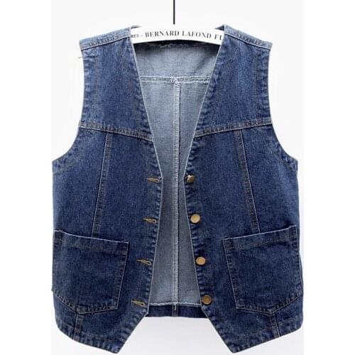 Summer Vintage Blue Denim Vest Women Big Pocket V Collar Jeans Vests Casual Plus size Loose Waistcoat Female Sleeveless Jacket