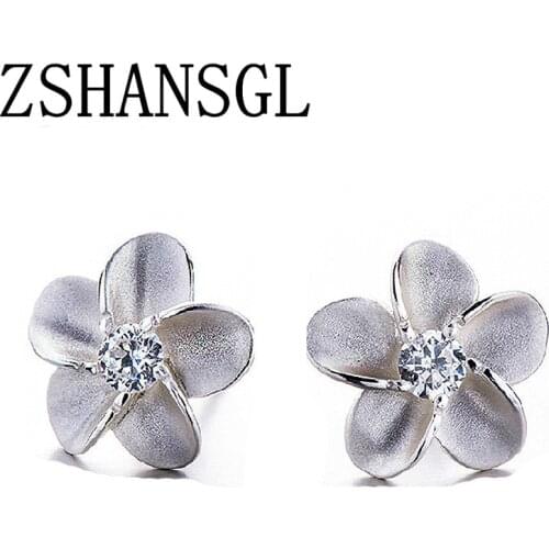 2021 Fashion Silver Color Primrose Flower Small Stud Earrings Cubic Zirconia Compatible With Jewelry With S Stamp