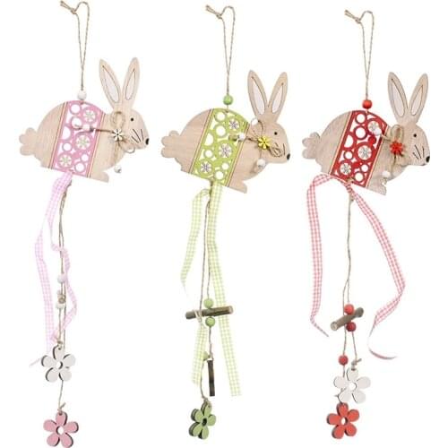 3Pcs Easter Bunny Wooden Pendant, Rabbit Tags Painted Wood Cutouts Hanging Pendant for Easter Party Wall Door Tree Decor