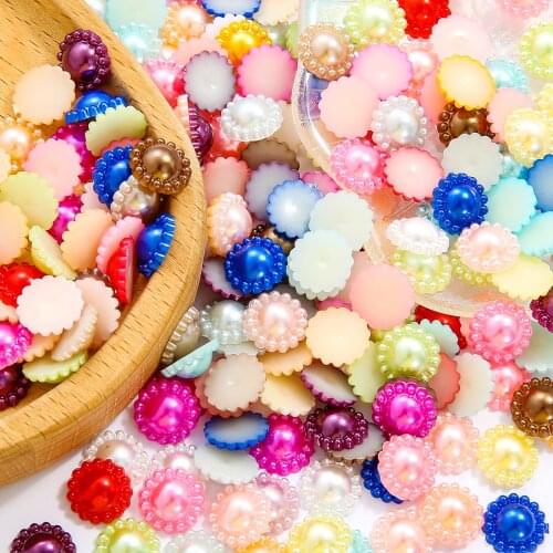 12mm 50Pcs Multi Color Flower Pearl Half Round Flatback Beads Blank Base Cabochons For Jewelry Making DIY Craft Scrapbook Decor