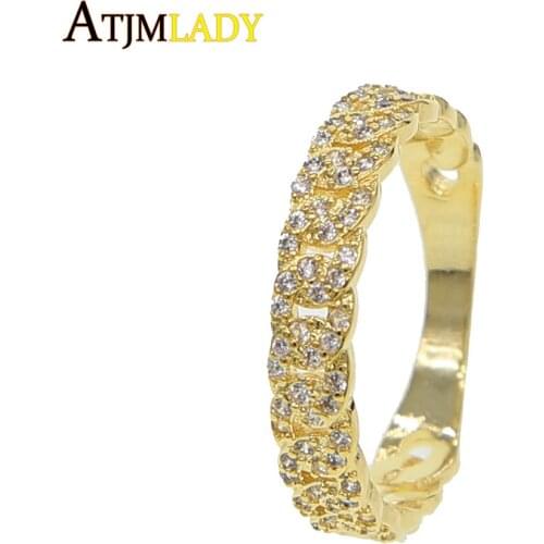 Us size 5 6 7 8 cuban chain link wedding engagement ring gold filled sparking iced out cubic zirconia cz hip hop small rings