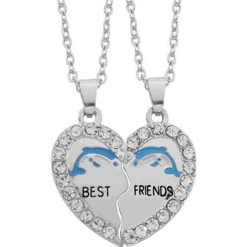Two-piece Best Friend Series Heartshaped Rhinestone Stitching Dolphin Pendant Friendship Necklace BFF Mens And Womens Jewelry