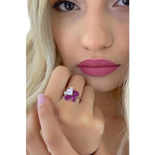 İtaly Flowers Ruby Baguette Zircon 925 Sterling Silver Ring