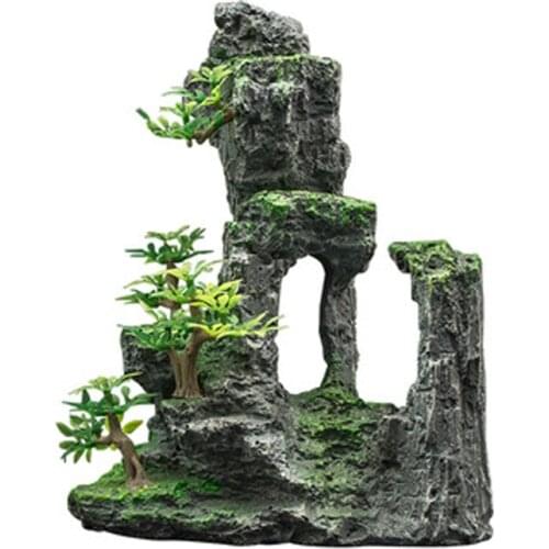 Aquarium Mountain View Stone Resin Ornament, Moss Tree Bridge Rock Cave Shelter Landscape Artificial Fish Tank Decoration