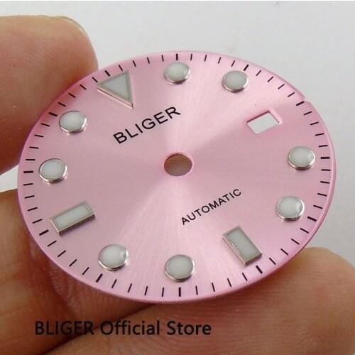Classic 28.5mm BLIGER Pink Dial Luminous Marks Date Window Watch Dial Fit For Miyota 8215 8205 Mingzhu 2813 Movement D89