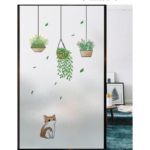 Kitchen Frosted Window Film Cartoon Cat Plant Privacy Glass Sticker Static Film Bathroom Toilet Door Opaque Sticker