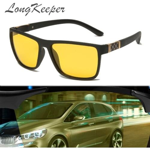 LongKeeper Night Vision Goggles Mens Driving Glass Polarized Sunglasses TR90 Square Anti-Glare Yellow Lens Male Sport Gafas