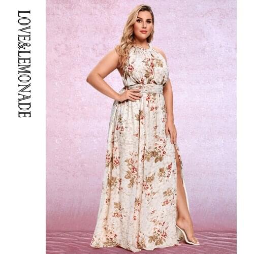 LOVE&LEMONADE PLUS SIZE Halterneck Cut-Out A-Line Apricot Chiffon Print Split Beach Maxi Dress LM83460PLUS