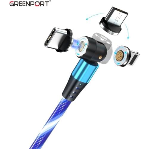 GREENPORT 1M/2M 3A Fast Charging Flowing Light LED Magnetic USB Data Cable With 540 Degrees Bendable For iPhone Micro Type C