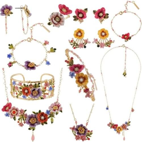 Fashion Winter Garden Series Set Enamel Color Glaze Peony Flower Necklace Earrings Bracelets Ring Stud Earrings Ear Clip Jewelry