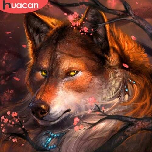 HUACAN 5D Diy Diamond Painting Kits Animal Wolf Mosaic Embroidery Cherry Blossoms Cross Stitch Home Decoration