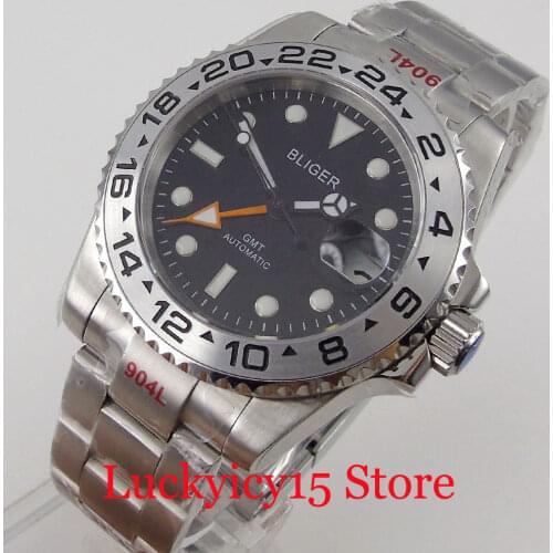 BLIGER Brand Orange GMT Hand Black Dial Men Watch MINGZHU 3804 Automatic Movement Brushed Oyster Band Silver Alloy Insert
